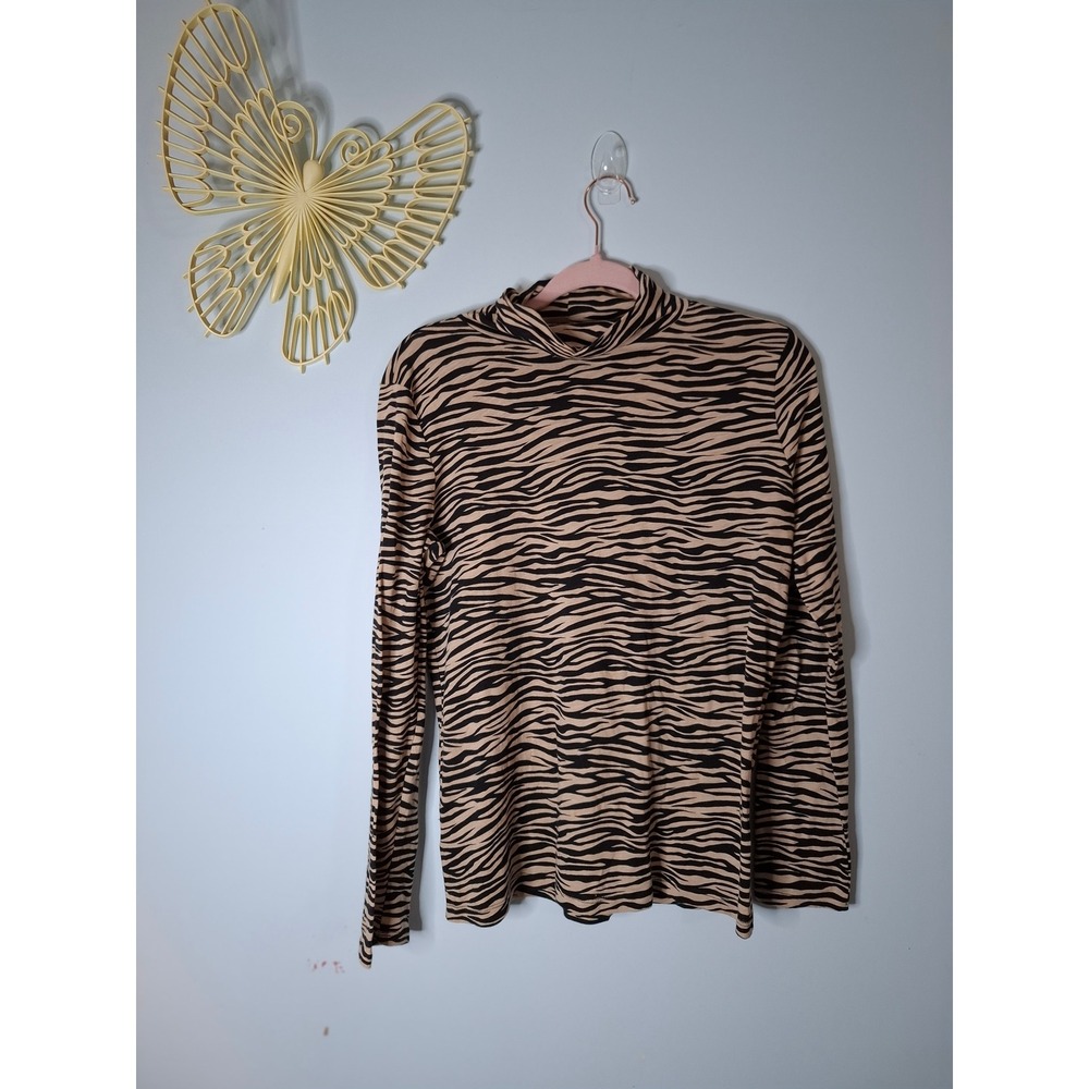 LOFT Vintage Soft Zebra Print Mock Neck Top Tan Black Cotton Long Sleeve Medium